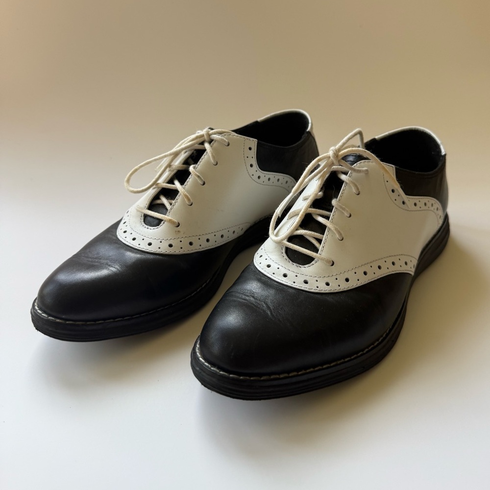 Cole Haan Black Cream Leather Saddle Oxford Wingtip Brogue